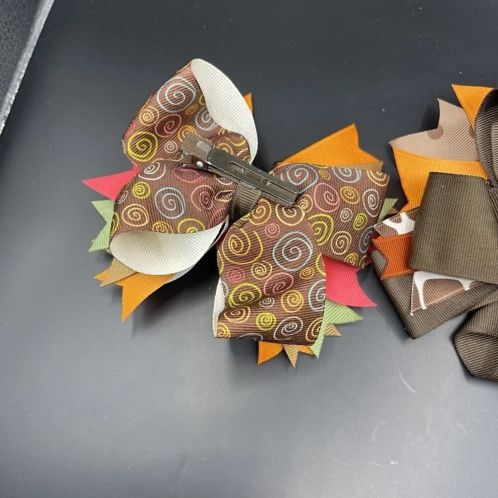 Lot of 2 Hair Bows Thanksgiving Fall Turkey Owl Brown Pink Clip Hairbow
